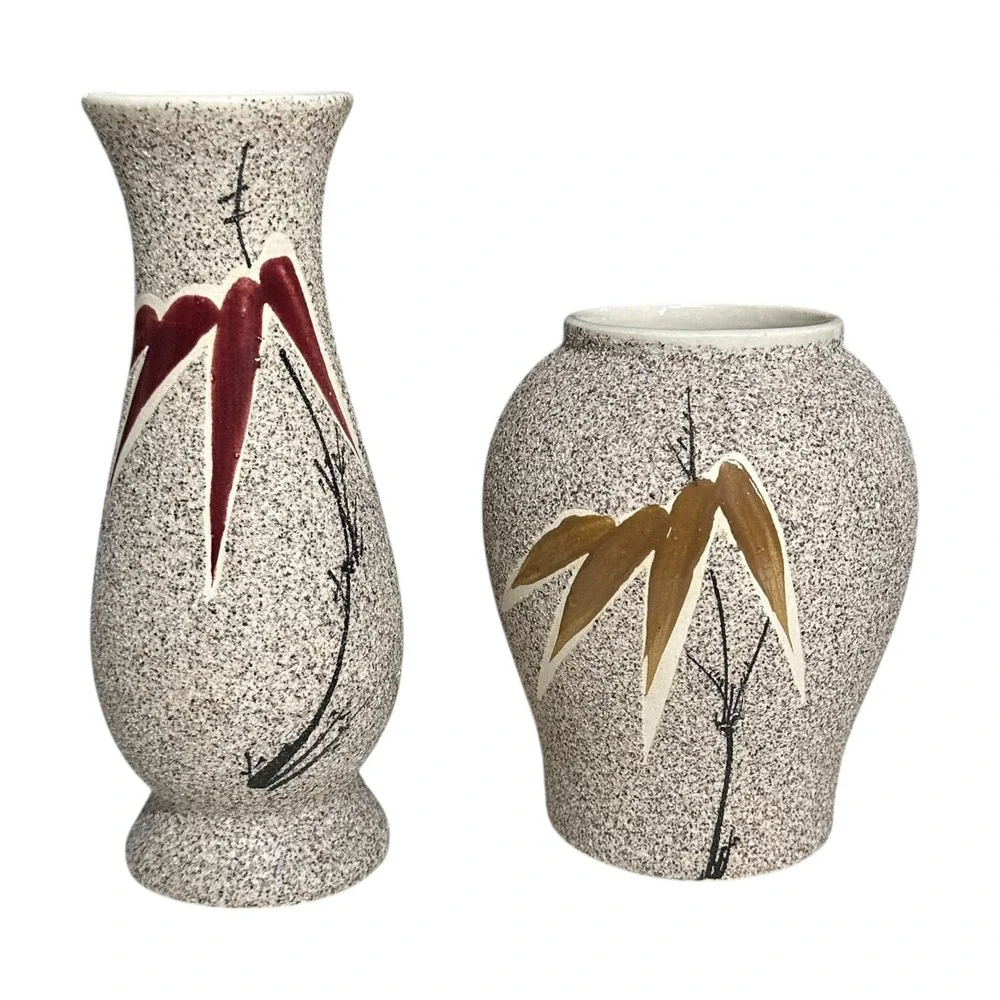 Speckled Ceramic Vase Gray‎ Bamboo Sand Textured Stoneware Asian Decor SET OF 2
